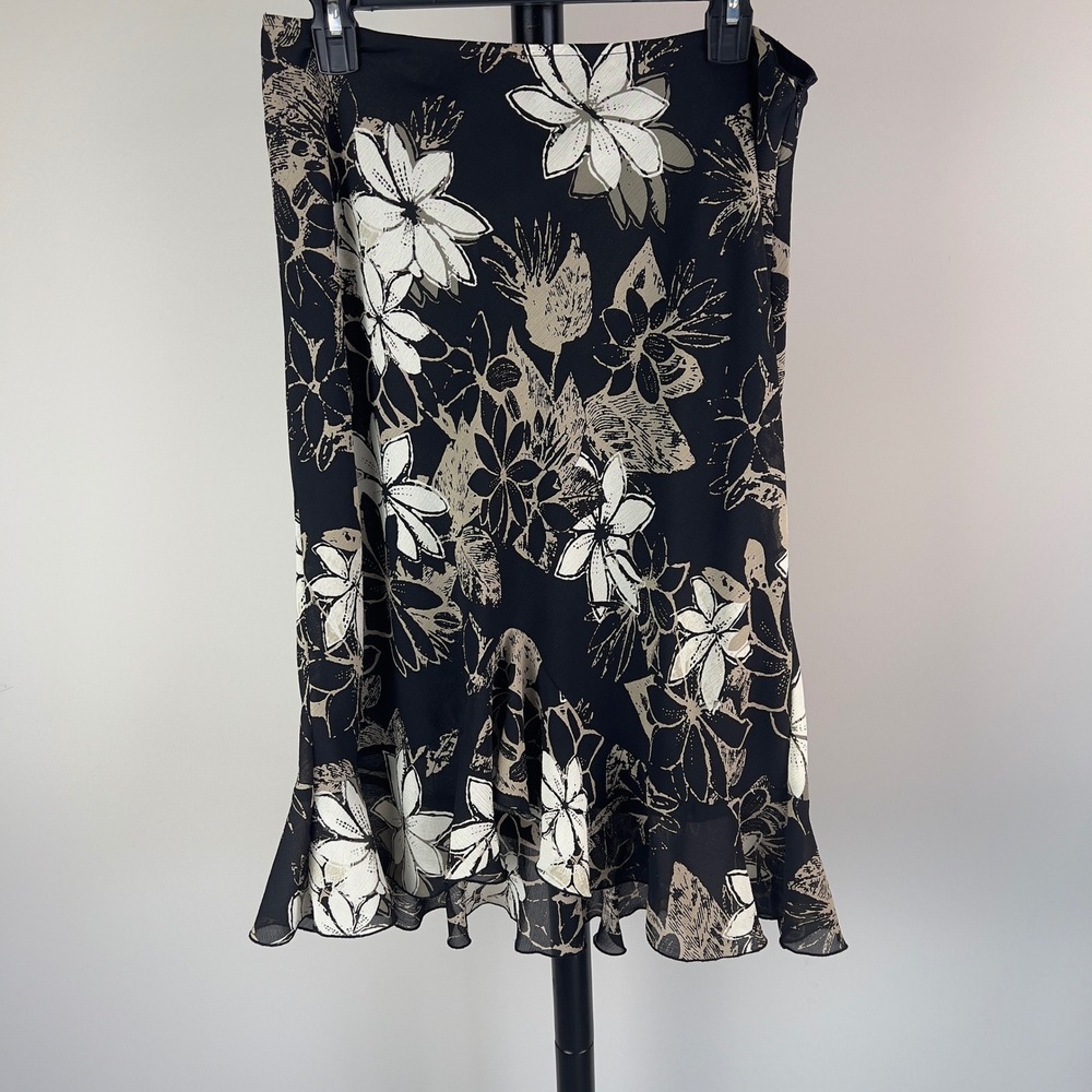 New York & Company Floral Ruffle Midi Skirt Black Tan Chiffon Size 10